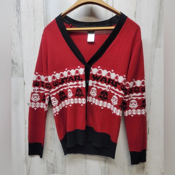 Star Wars Sweaters - Star Wars Womens Red Ugly Christmas Button Front Cardigan Sweater Size Small